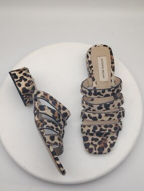 Antonio Melani Leather Leopard Print Strappy Block Heel Sandal In Brown Size 7.5
